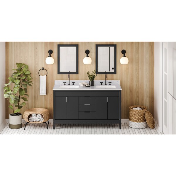 Jeffrey Alexander 60In. Black Theodora Vanity, Dbl Bowl, White Carrara Marble Vanity Top, 2 Undrmnt Rctngl Bowls VKITTHE60BKWCR - main